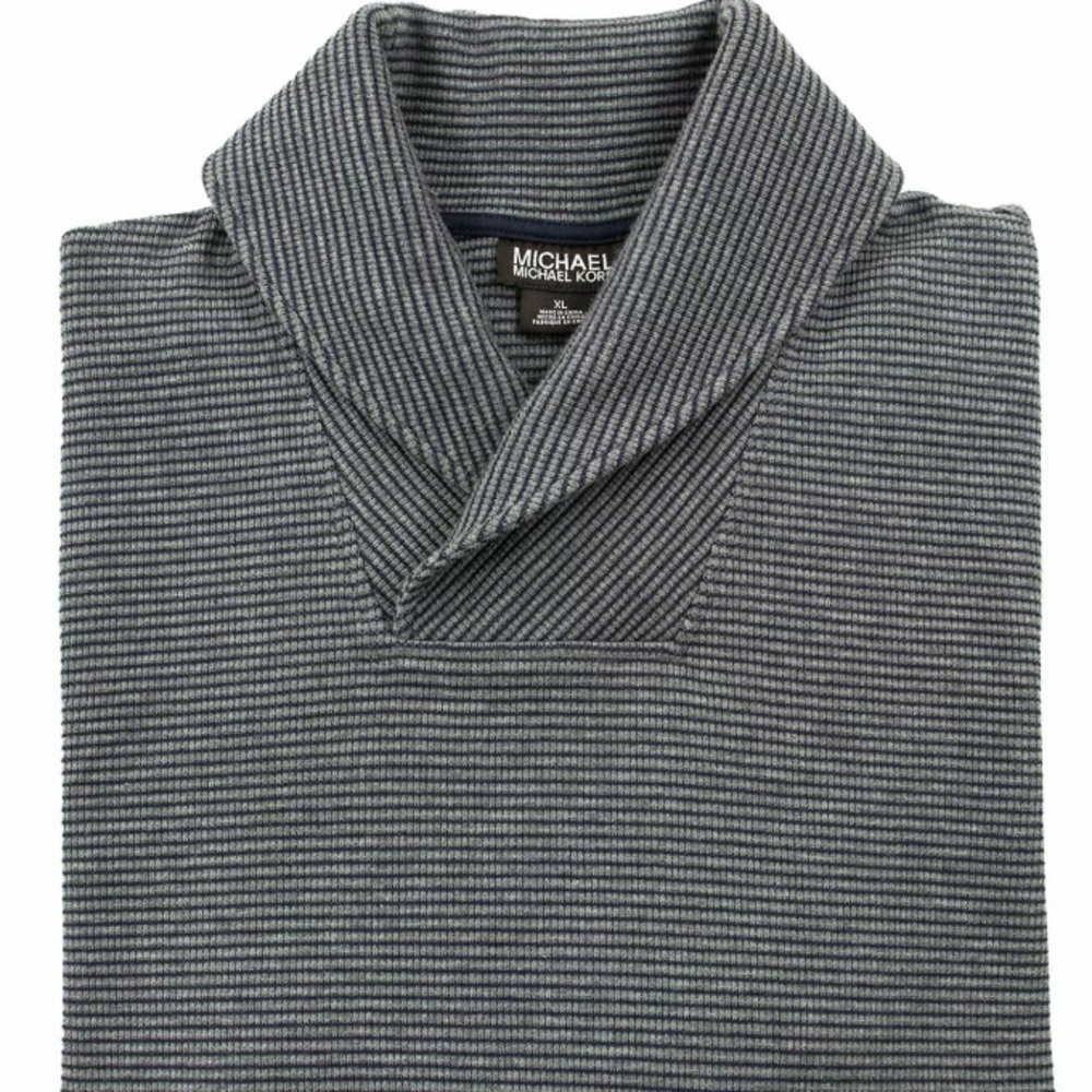 Michael Kors Grey Purple Cotton Blend Striped Knit Thick Shawl Collar Sweater XL